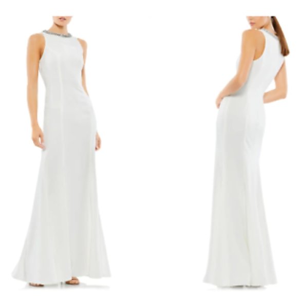 MAC DUGGAL CRYSTAL NECK COLLAR WHITE TRUMPET GOWN sz 10 - Picture 1 of 4